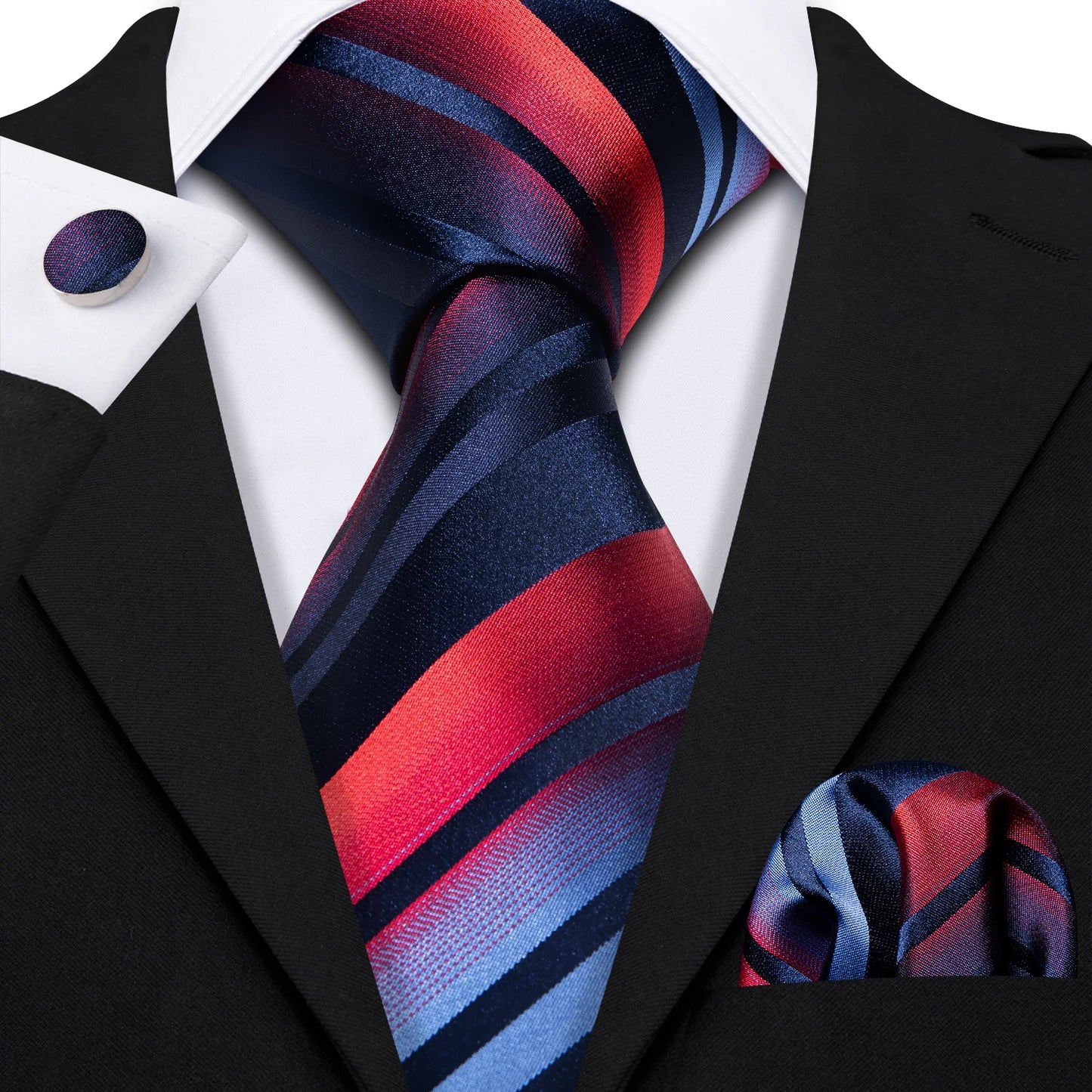Barry Wang Jacquard Striped Silk Men's Tie Pocket Square Cufflinks Set