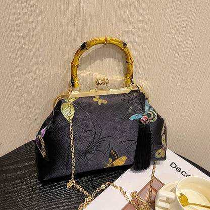 Luxury Embroidered Evening Handbag with Bamboo Handle