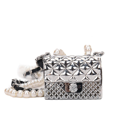 Mini Metallic Evening Box Bag with Pearl Chain