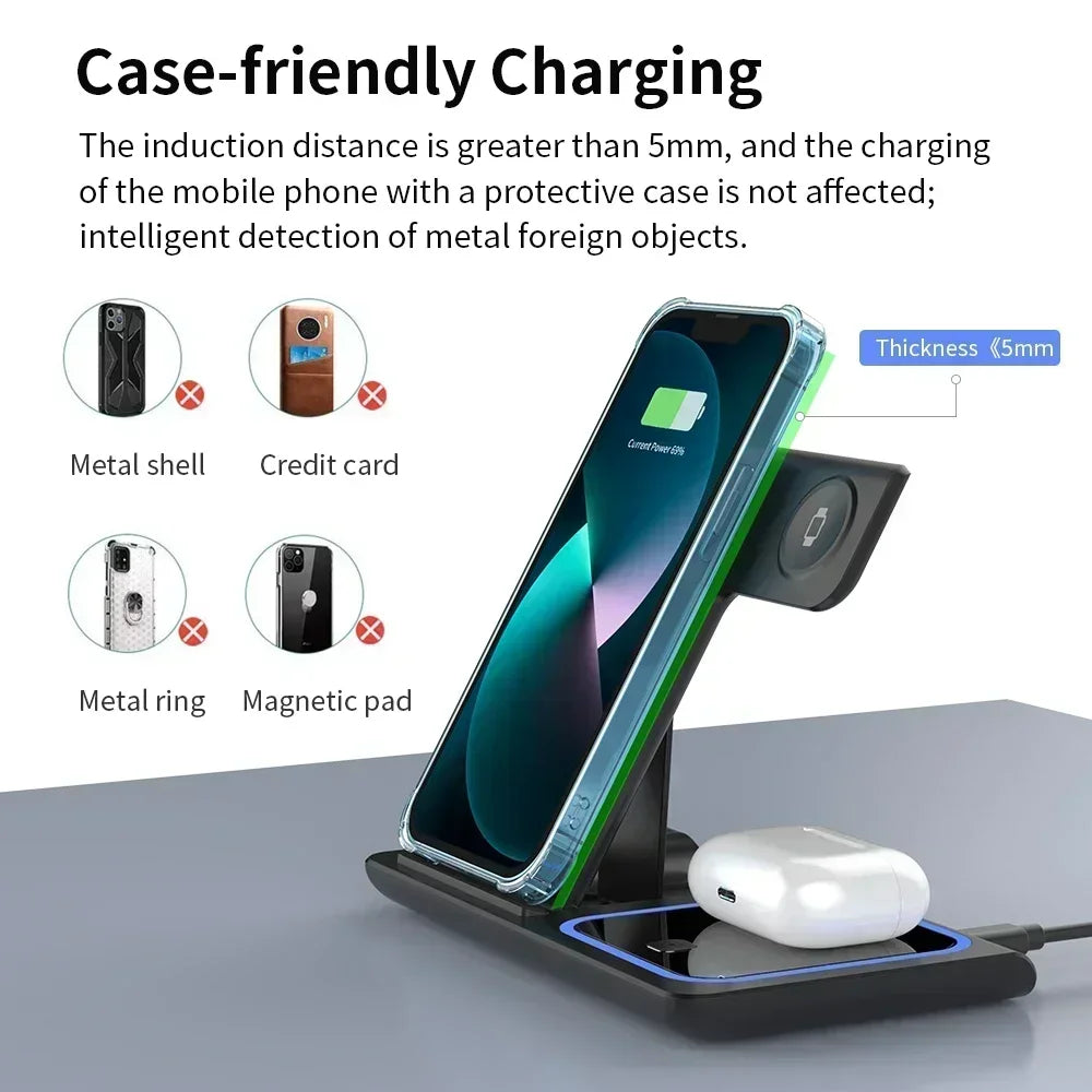 3-in-1 Foldable Wireless Charging Station with LED Light