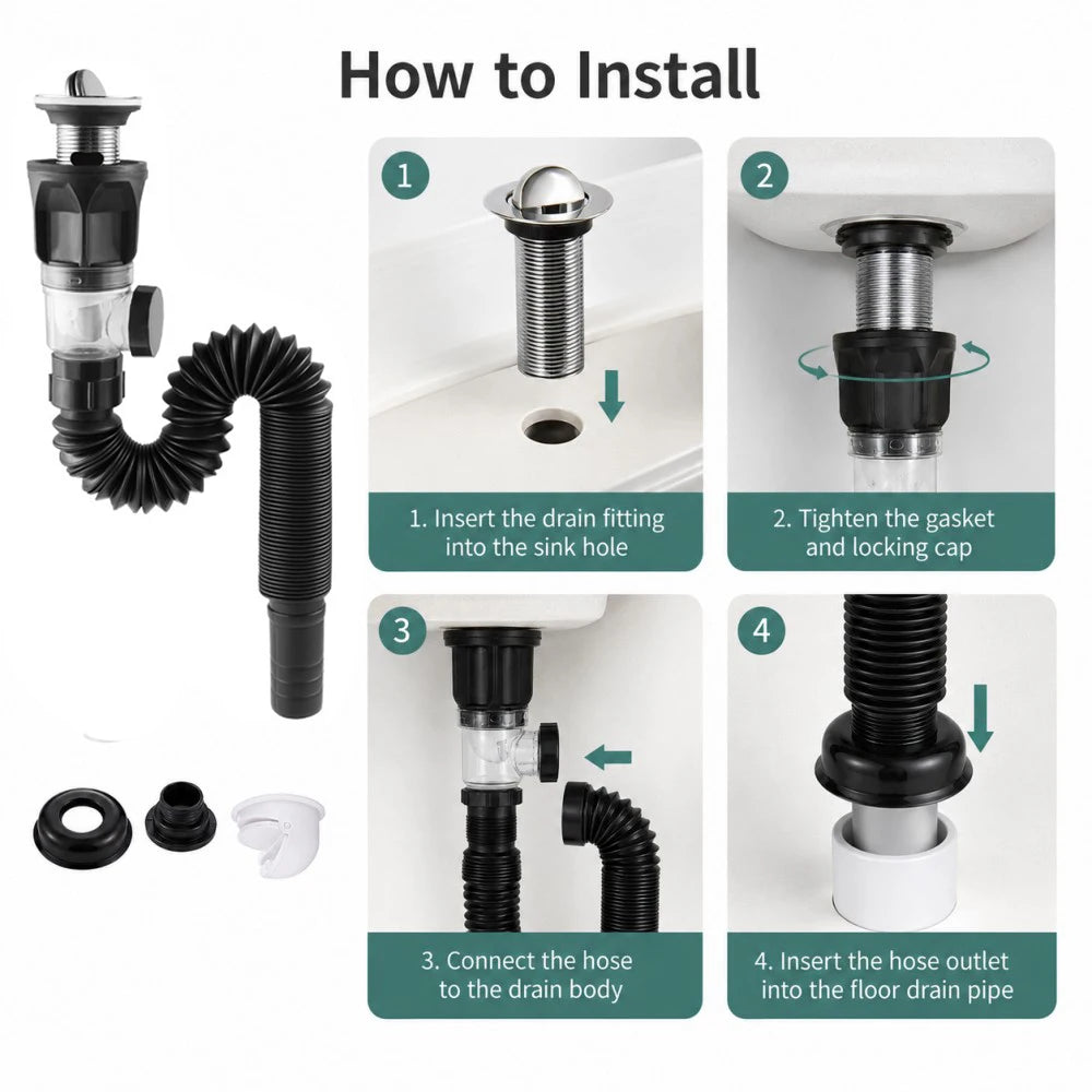 Kitchen & Bathroom Sink Drain Kit with Flexible Hose
