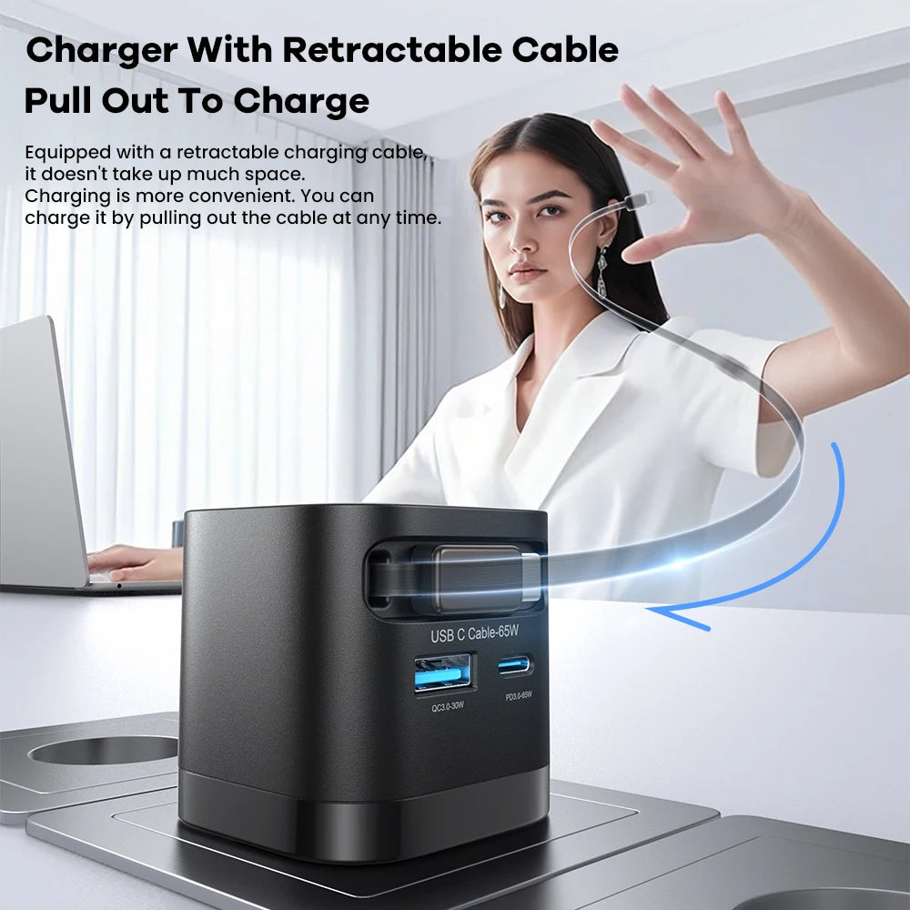 65W GaN USB Charger with Retractable Type-C Cable