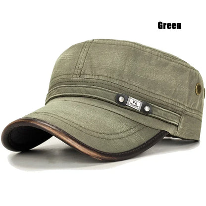 Washed Cotton Military Flat Cap with Leather Brim