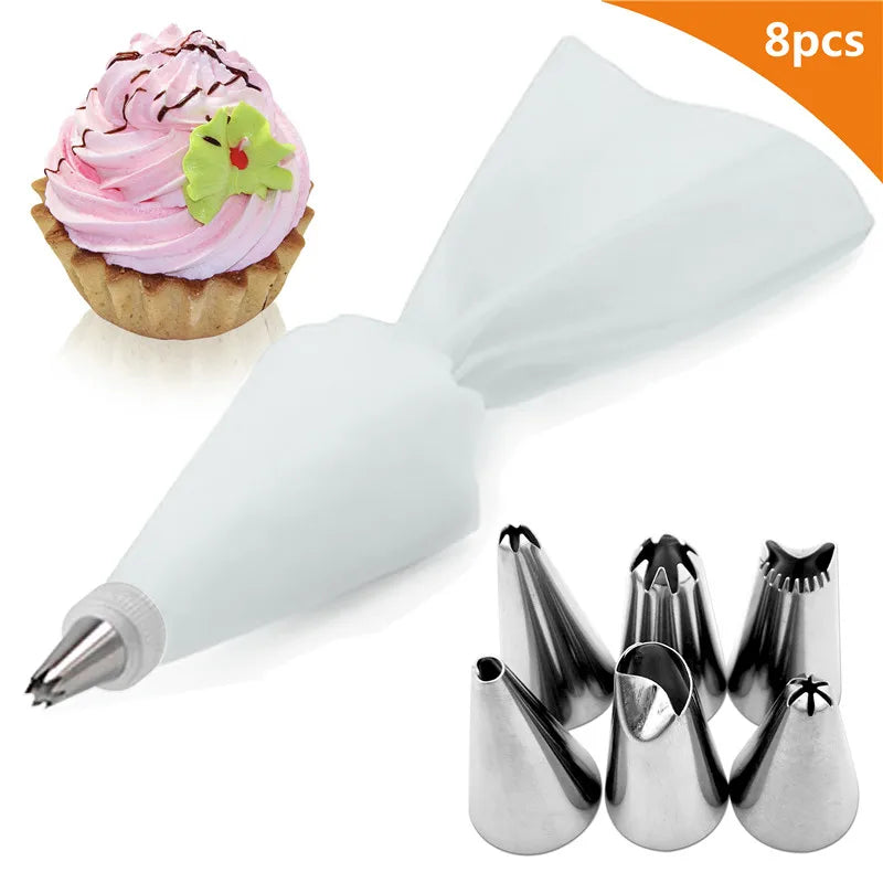 8Pcs  Silicone Icing Piping Cream Pastry Bag + 6 Stainless Steel Cake Nozzle