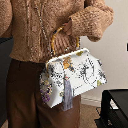 Luxury Embroidered Evening Handbag with Bamboo Handle