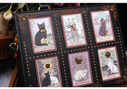 Vintage Cat Print Leather Tote Bag