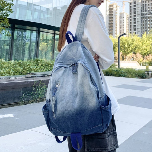 Large Capacity Washed Denim Backpack