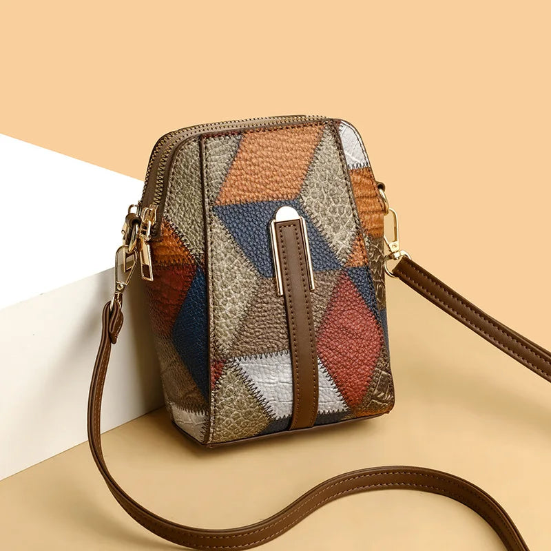 Vintage Patchwork Shoulder Bag with Zipper Closure