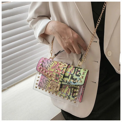 Studded Graffiti Crossbody Satchel Bag
