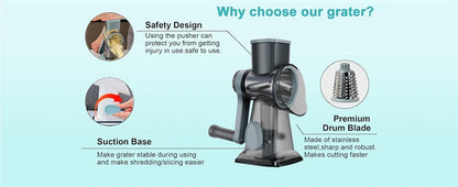 3-in-1 Rotary Cheese Grater & Vegetable Slicer with Stainless Steel Blades