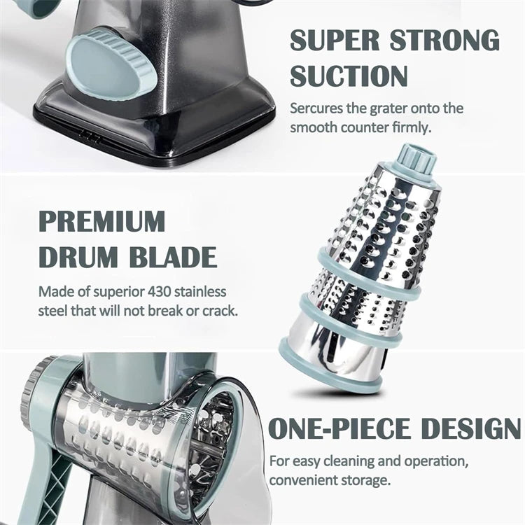 3-in-1 Rotary Cheese Grater & Vegetable Slicer with Stainless Steel Blades