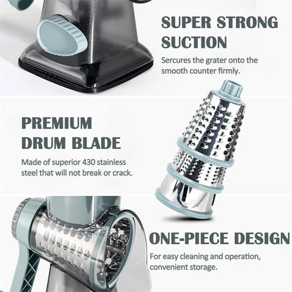 3-in-1 Rotary Cheese Grater & Vegetable Slicer with Stainless Steel Blades