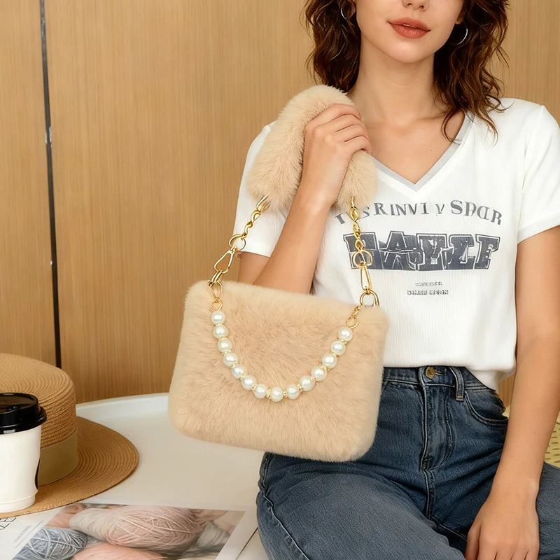 Pearl Chain Plush Shoulder Bag