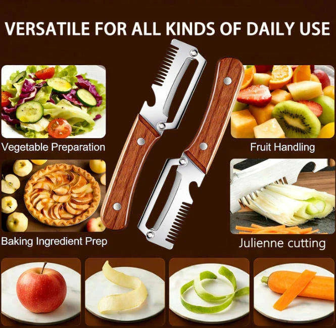 3-in-1 Stainless Steel Vegetable & Fruit Peeler with Oak Handle