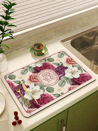 Super Absorbent Floral Dish Drying Mat