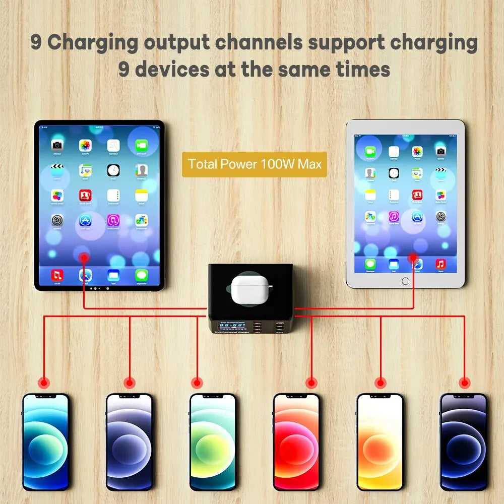 100W USB Charging Station with Wireless Charger