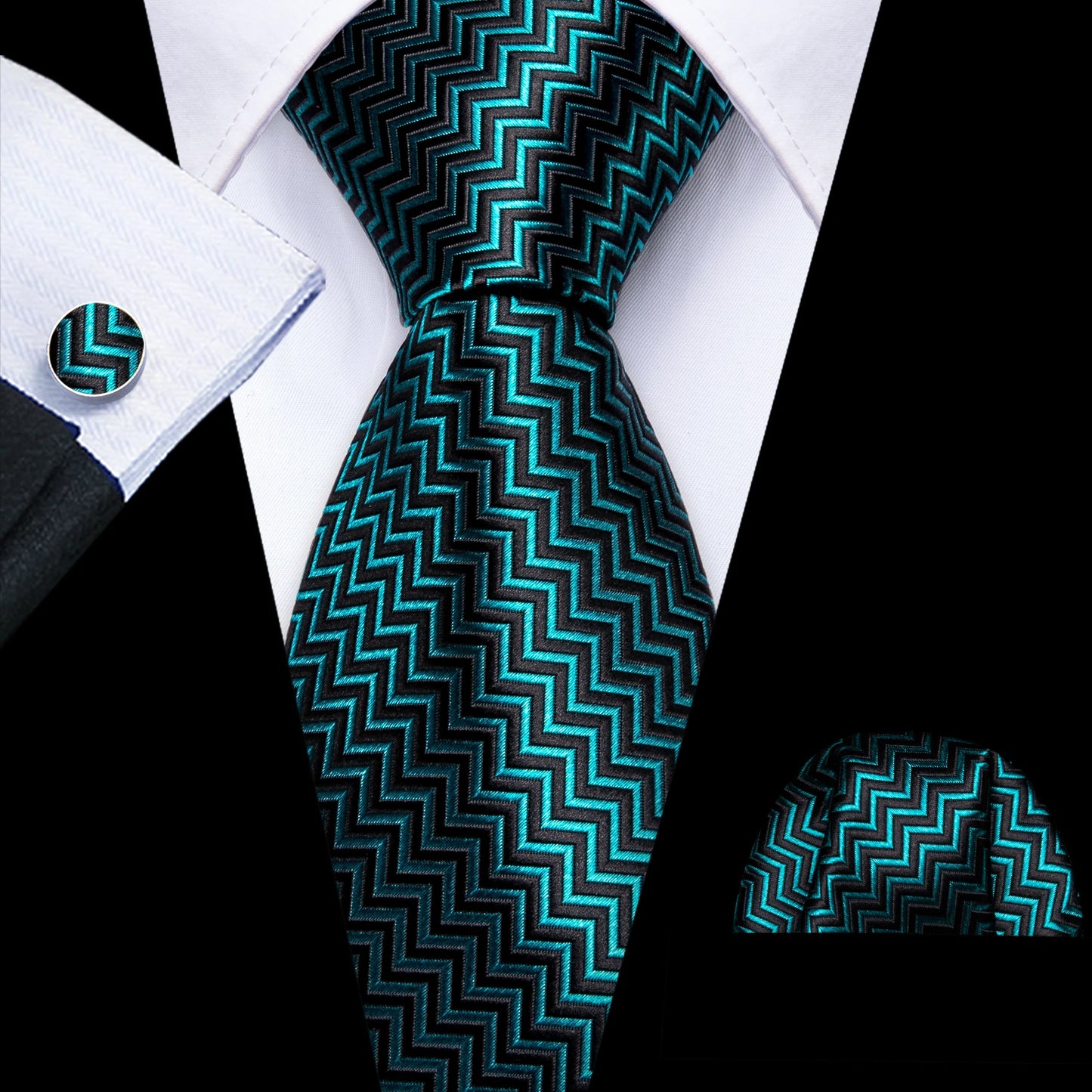Barry Wang Jacquard Striped Silk Men's Tie Pocket Square Cufflinks Set