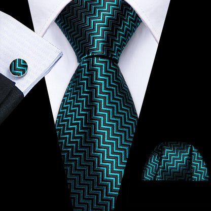 Barry Wang Jacquard Striped Silk Men's Tie Pocket Square Cufflinks Set