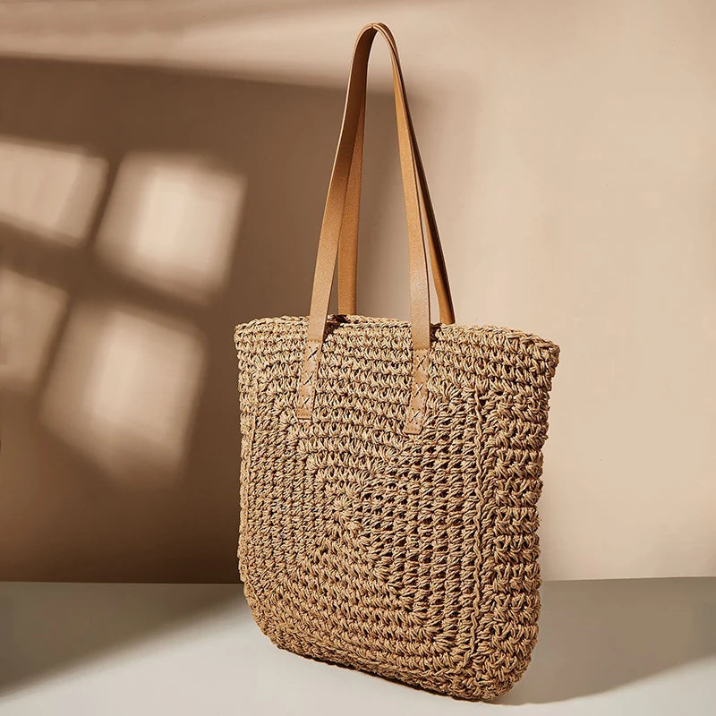 Handmade Woven Straw Beach Tote Bag