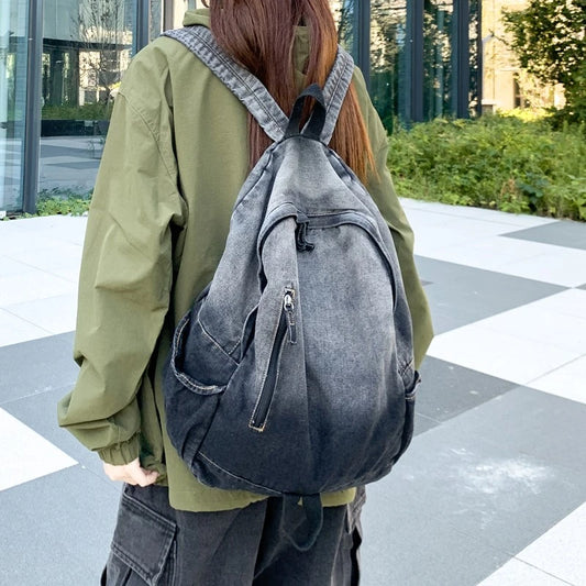 Large Capacity Washed Denim Backpack