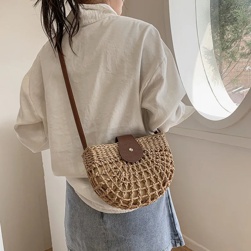 Handmade Half Moon Straw Crossbody Bag