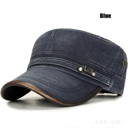 Washed Cotton Military Flat Cap with Leather Brim