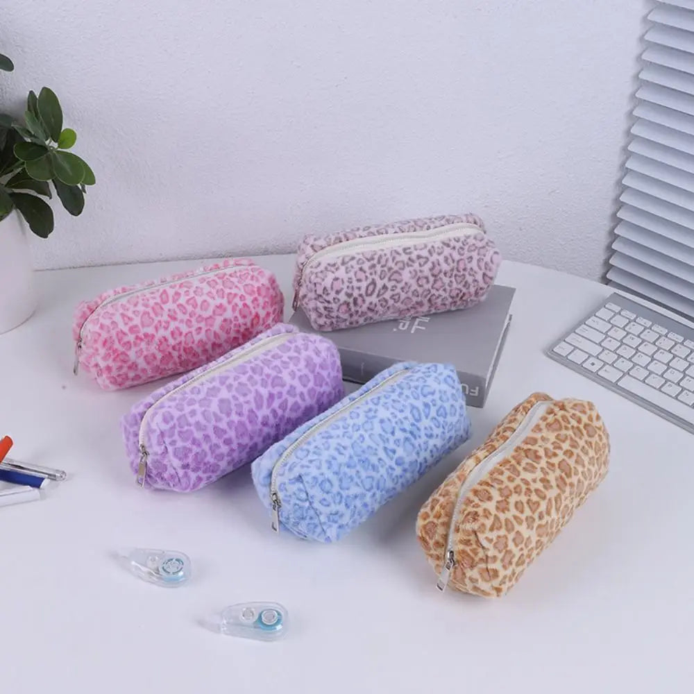 Plush Leopard Print Large Capacity Pencil Case