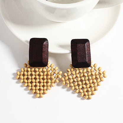 AENSOA Boho Handmade Geometric Wooden Drop Earrings