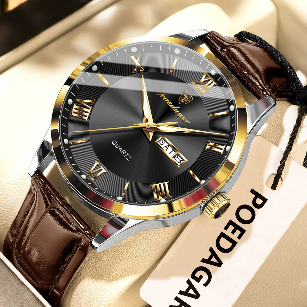 Men's Leather Quartz Watch with Date & Week Display