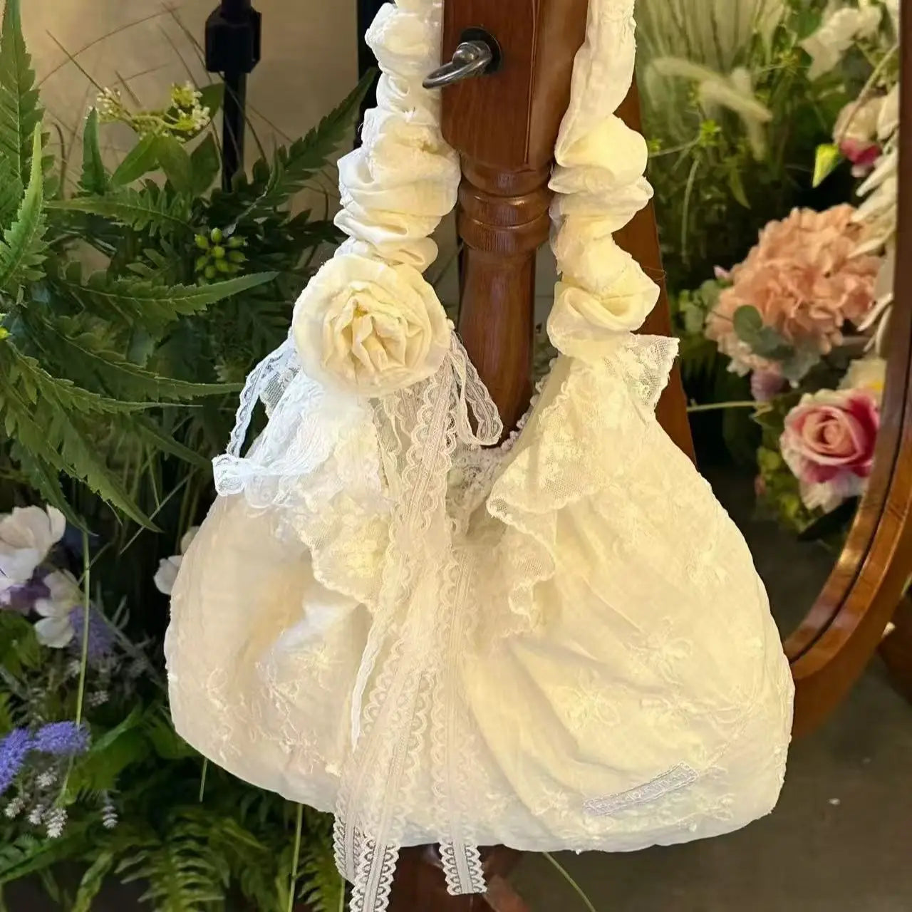 Lace Ruffle Shoulder Bag with Bow