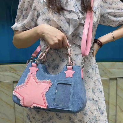 Denim Star Patch Hobo Shoulder Bag