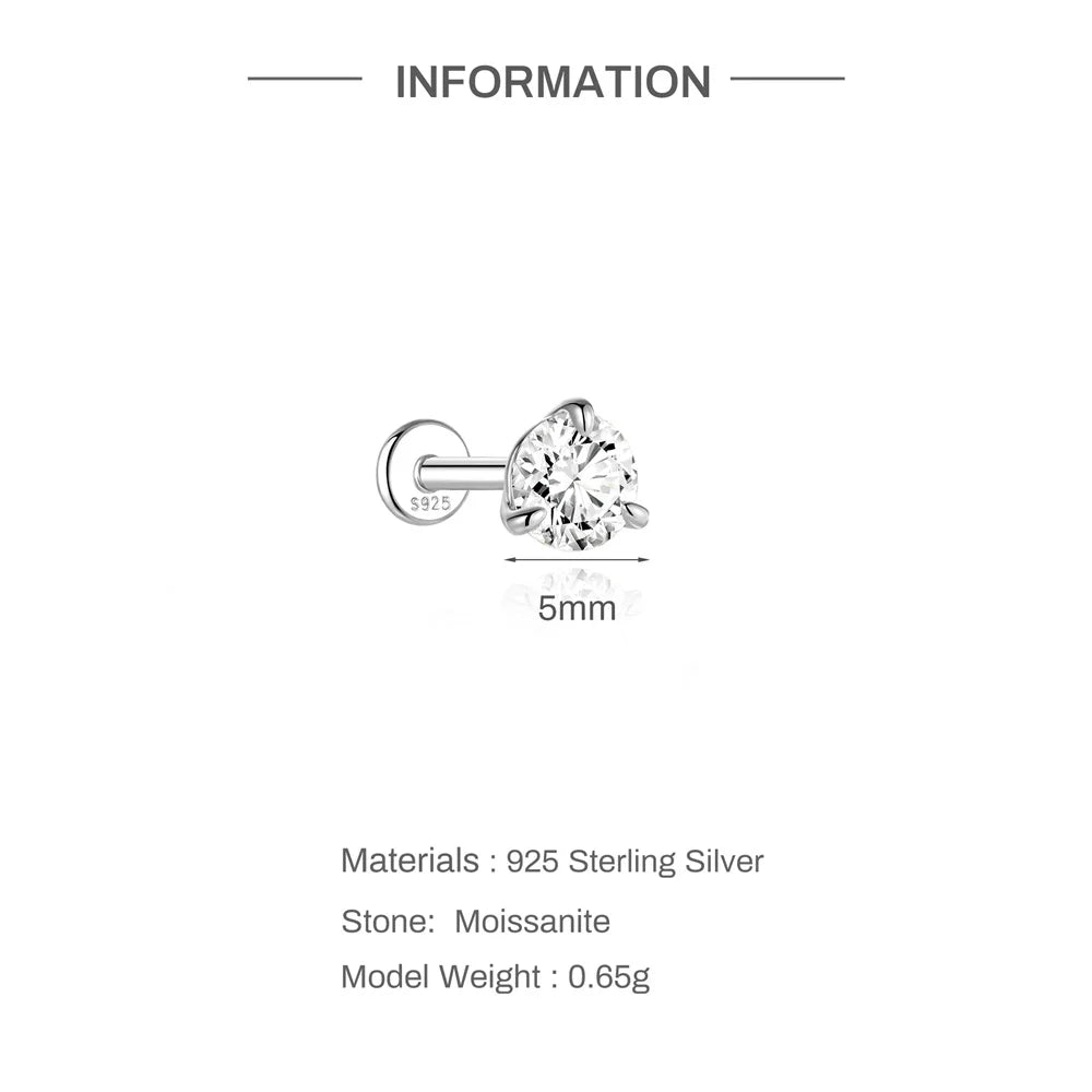925 Sterling Silver Round Moissanite Stud Earring