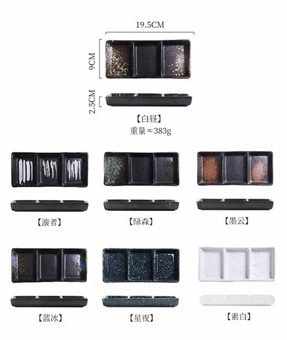 Japanese 3-Compartment Ceramic Sauce & Sushi Dish