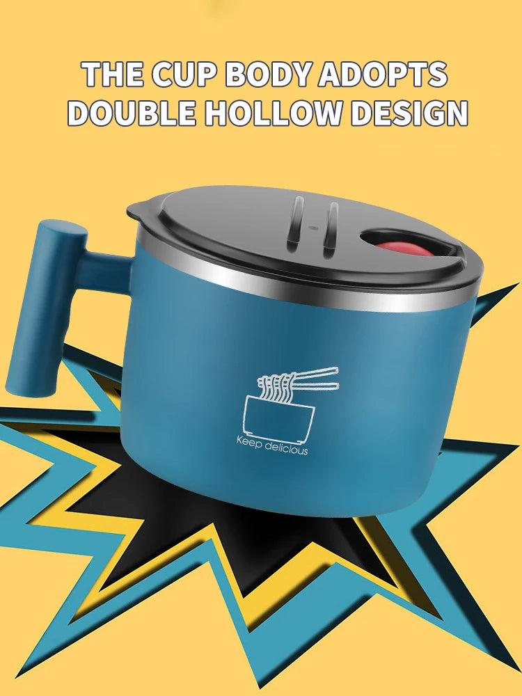 Insulated Stainless Steel Instant Noodle Bowl with Lid & Built-In Strainer