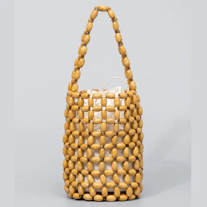 Handmade Woven Wooden Bead Bucket Bag