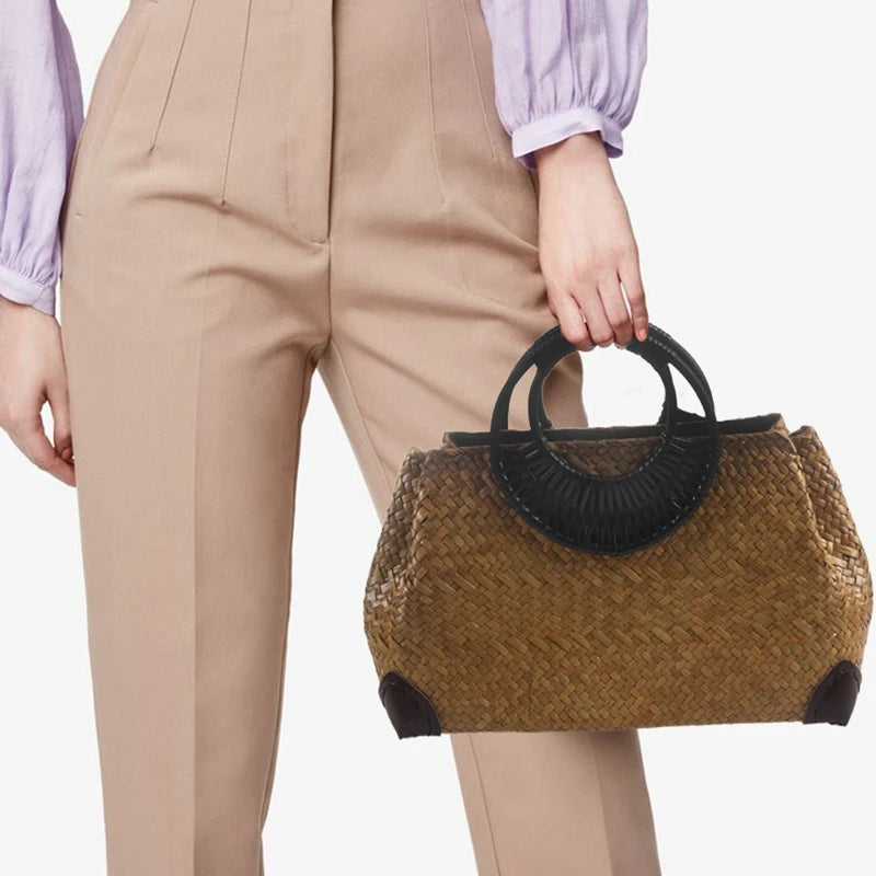 Woven Straw-Style Bamboo Handle Bag
