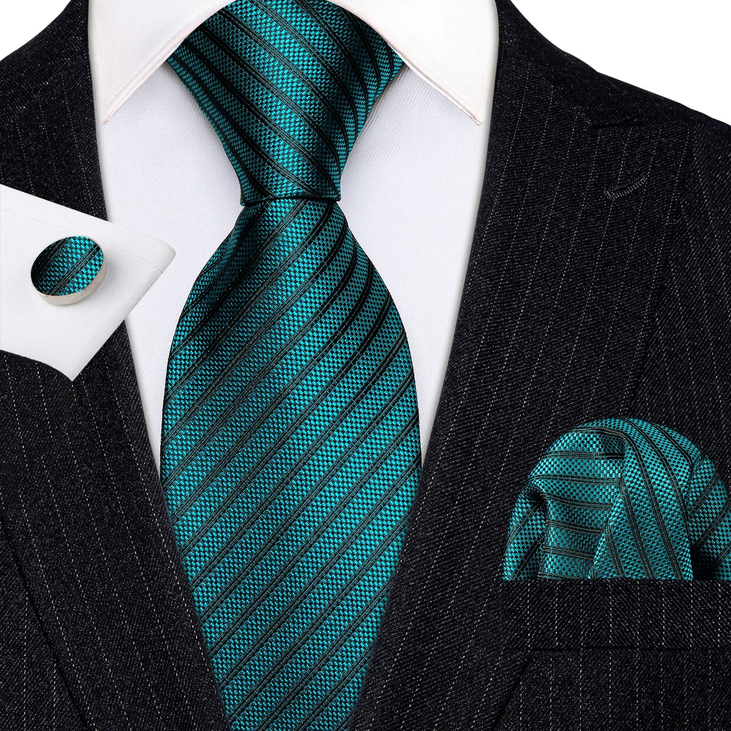 Barry Wang Jacquard Striped Silk Men's Tie Pocket Square Cufflinks Set