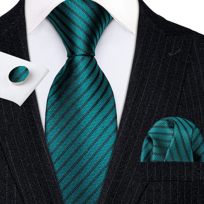 Barry Wang Jacquard Striped Silk Men's Tie Pocket Square Cufflinks Set