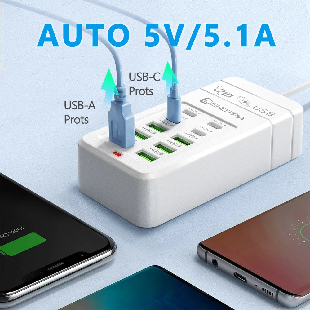 10-Port USB Charging Station with Multi-Plug Adapter