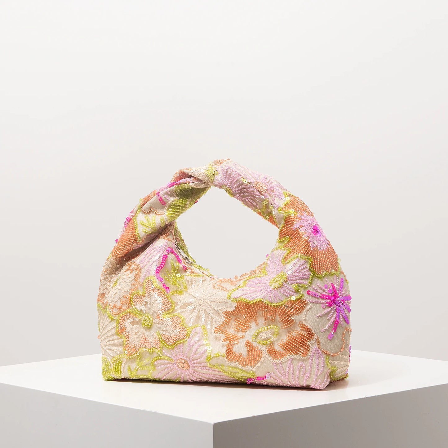 Floral Sequin Half-Moon Evening Bag
