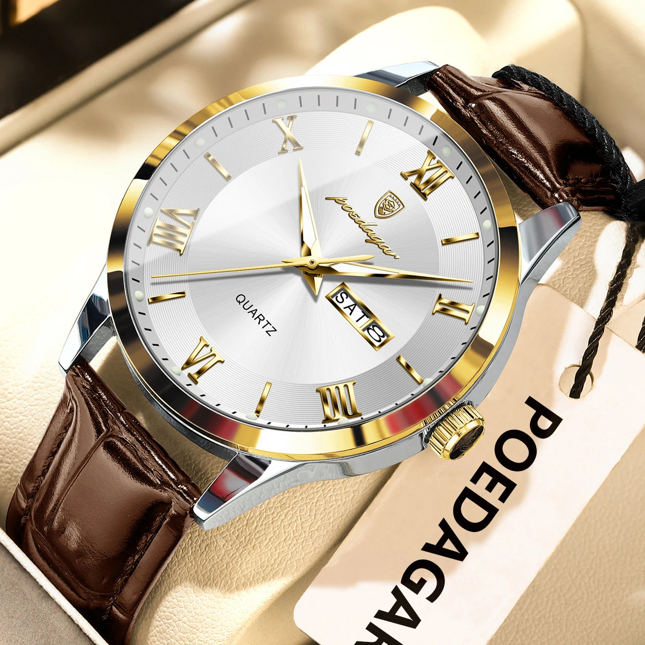 Men's Leather Quartz Watch with Date & Week Display