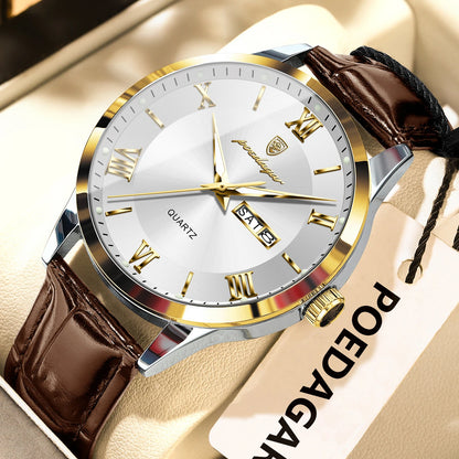 Men's Leather Quartz Watch with Date & Week Display