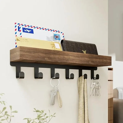 Wooden Wall Key Holder with Shelf & 6 Hooks
