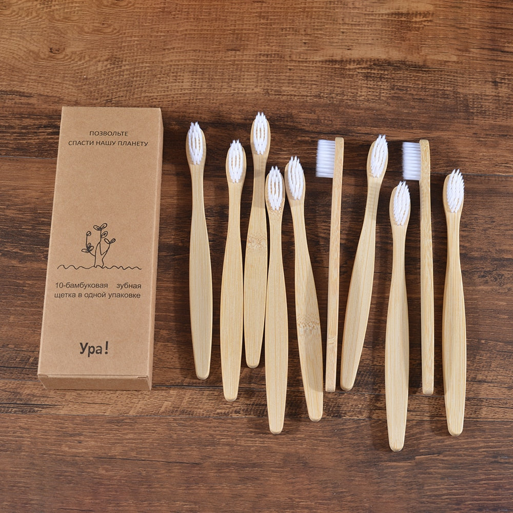 10PCS Natural Bamboo Colourful Toothbrush