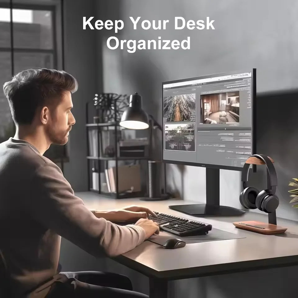 Wood Headphone Stand with Storage Base for Desk