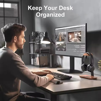 Wood Headphone Stand with Storage Base for Desk