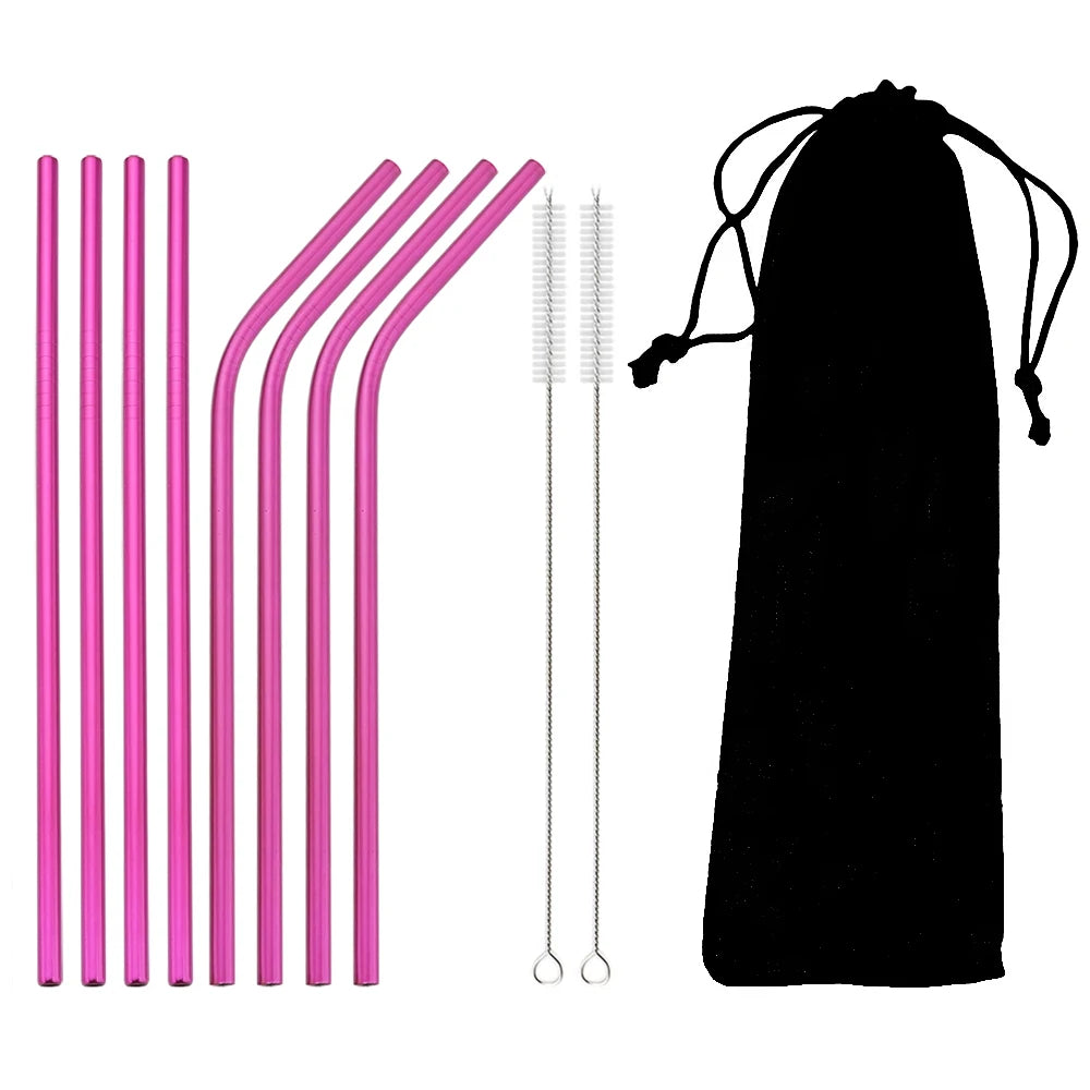 Reusable 304 Stainless Steel Metal Drinking Straws Set with Cleaning Brush
