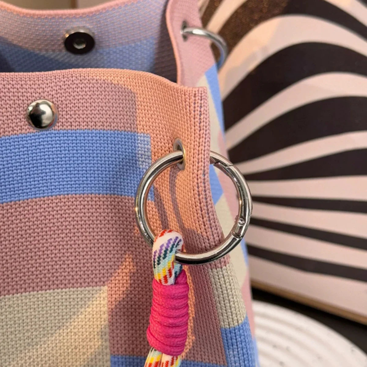 Color Block Knitted Cotton Bucket Tote Bag