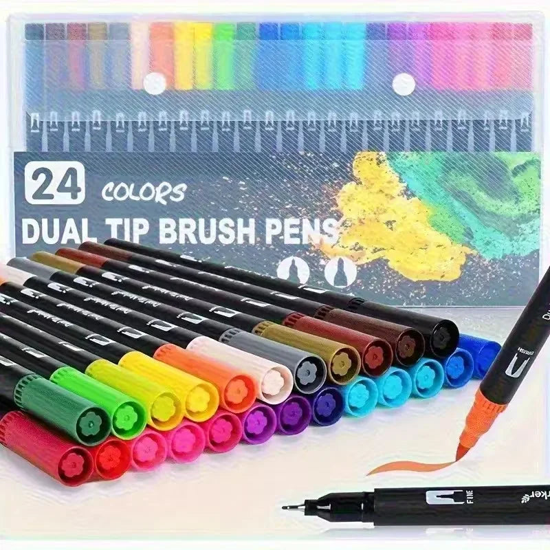 24-Color Dual-Tip Watercolor Brush Marker Set