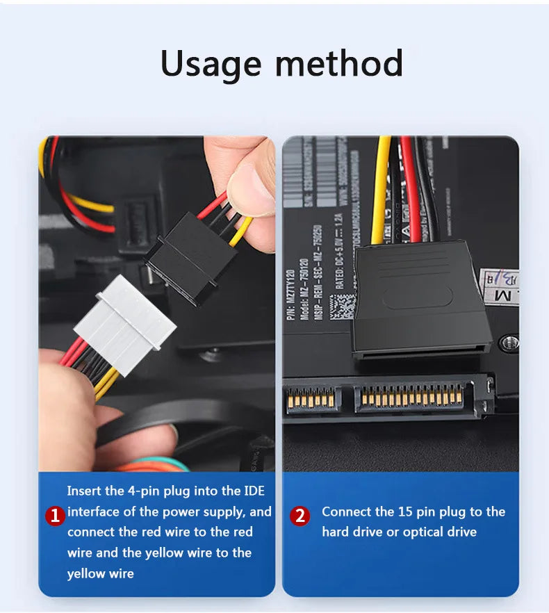 Dual SATA 15-Pin & 4-Pin Molex Power Splitter Cable for PC Hard Drives and SSDs